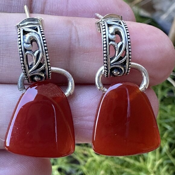 VTG Barse Sterling Silver‎ 925 Dangle Earrings 1" Red Carnelian Gem Ornate 6.3g - Picture 1 of 9